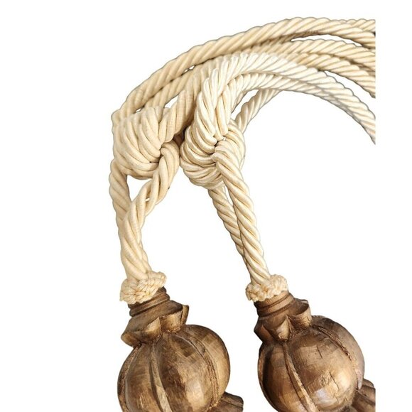 Elegant Beige Curtain Tiebacks With Wooden Crown Bead with Tassel Ends & Rope Lo - Picture 4 of 8